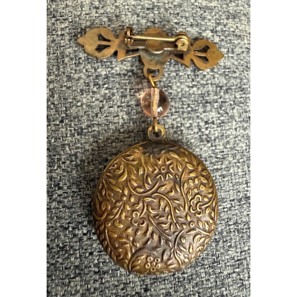Antique Brass Floral Locket Brooch Dangle Victorian Revival Working 1900s - Picture 2 of 10